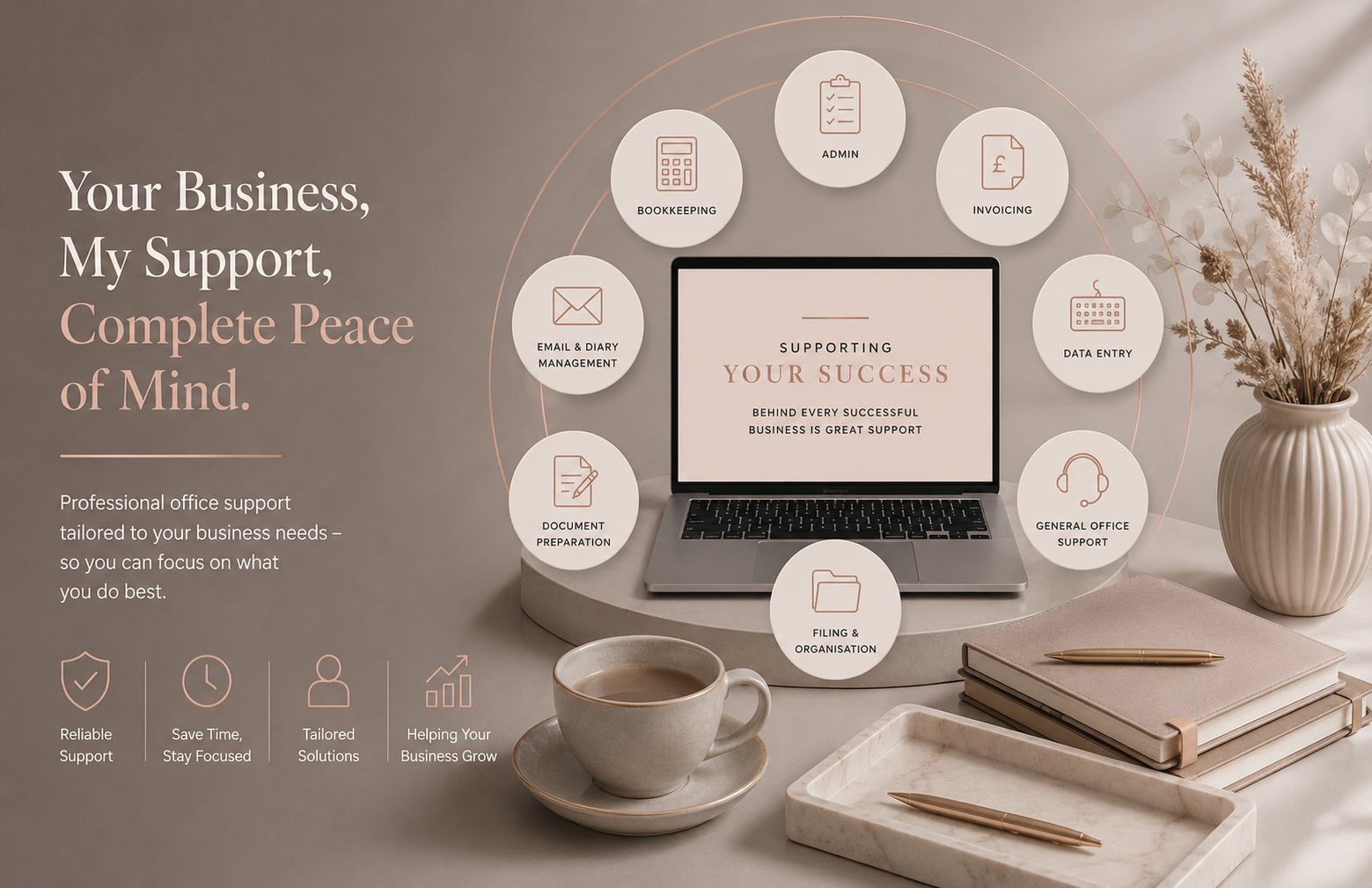 Office support services illustrated around a laptop — bookkeeping, admin, invoicing, data entry, general office support, filing and organisation, document preparation, and email and diary management